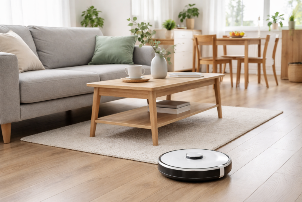 aspirador robô em uso em apartamento pequeno